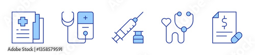 syringe, medical report, medical checkup, medical insurance, receipt. Medical Icon vector illustration. Line Duotone style. Editable stroke