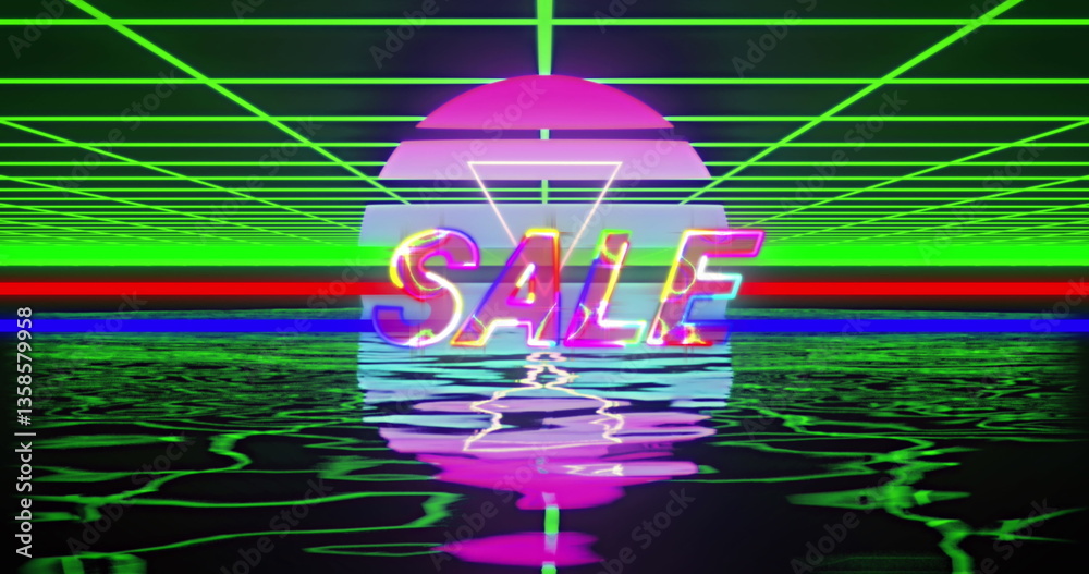 Naklejka premium Image of sale text over a digital sunset