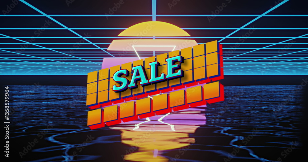 Naklejka premium Image of sale text over a digital sunset