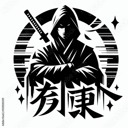 Emblema de ninja em estilo de ilustração preta, criado em formato clipart vetorial premium sobre fundo branco, perfeito para design e branding.