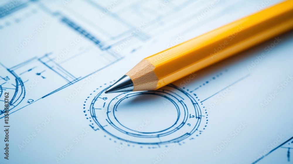 Detailed Blueprint with Yellow Pencil on Architectural Plan Detailed Blueprint with Yellow Pencil on Architectural Plan