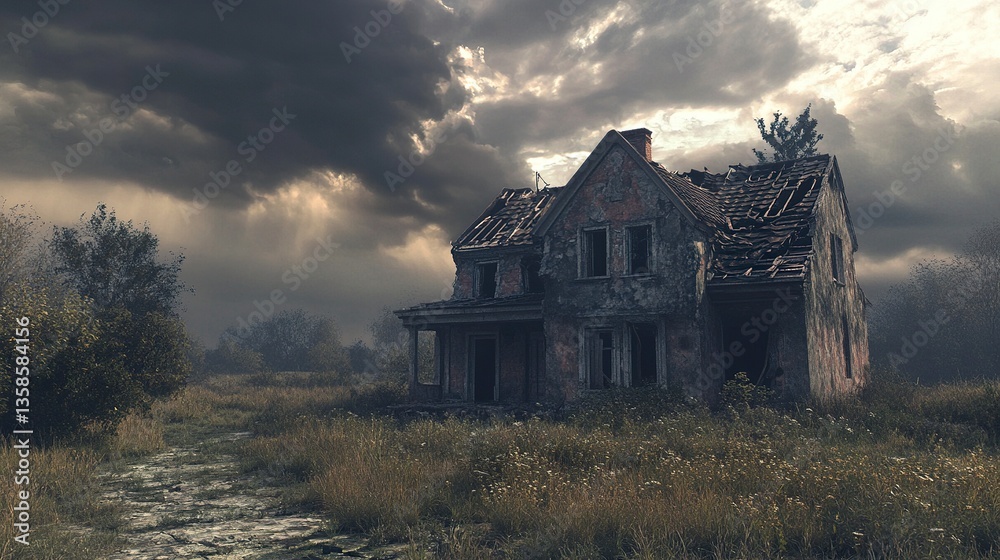 Obraz premium A desolate, crumbling house with fractured windows and a roof in shambles, standing under a foreboding sky filled with thick, dark clouds. 