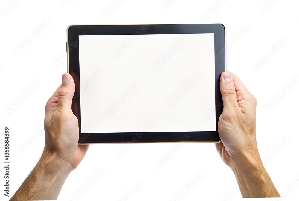 A man is holding a tablet computer with a blank white screen in both hands a close up view isolated on white or transparent background A man is holding a tablet computer with a blank white screen in both hands a close up view isolated on white or transparent background