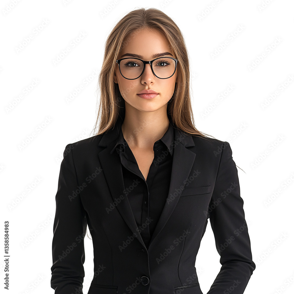 Confident blond businesswoman smiles, a professional manager in a suit with eyeglasses isolated on transparent background Confident blond businesswoman smiles, a professional manager in a suit with eyeglasses isolated on transparent background