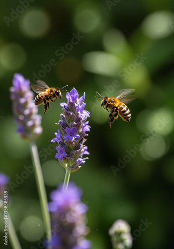 Bees pollinating lavender flowers in a vibrant garden  