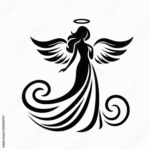 "Emblema di angelo in stile black minimalism logo illustration, realizzato in formato clipart vettoriale premium su sfondo bianco, perfetto per un branding elegante."