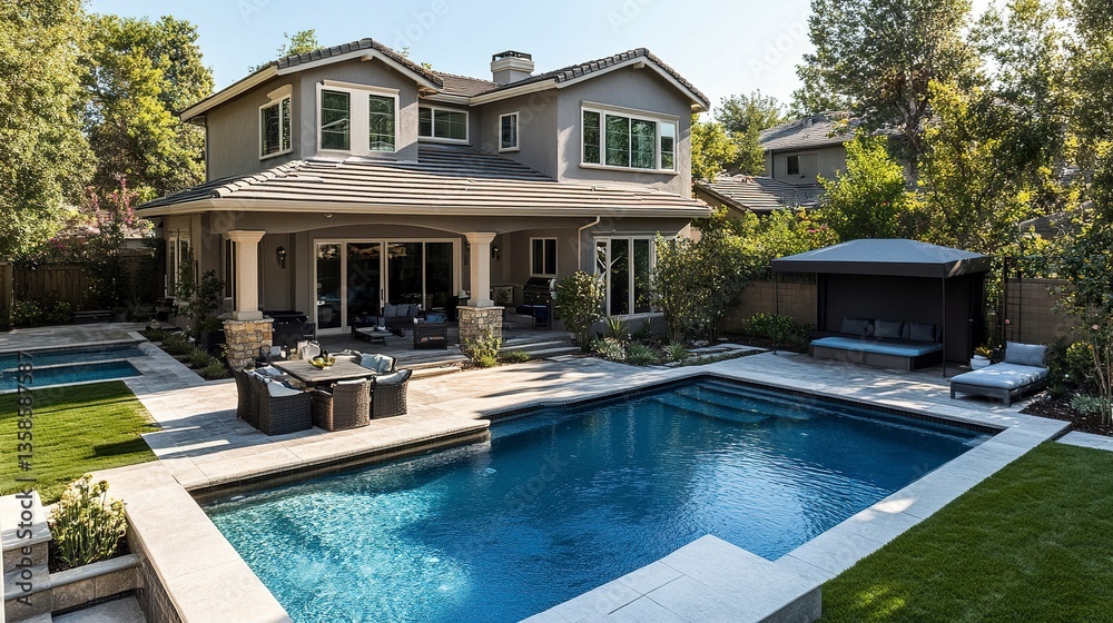 Fototapeta premium A luxurious modern residence featuring a spacious backyard with a serene pool and elegant landscaping, perfect for relaxation and entertainment. 
