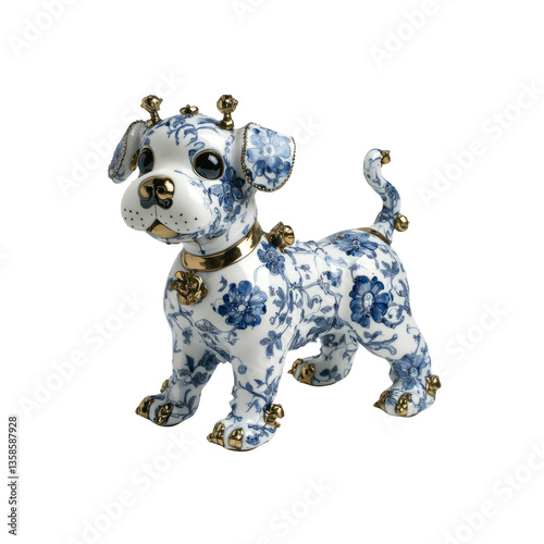 Obraz na płótnie Blue and White Porcelain Puppy Figurine with Gold Accents w salonie