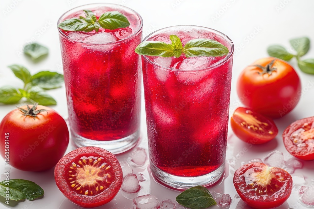 Refreshing tomato basil drink in glasses with ice. Fresh tomatoes and basil leaves are scattered on a light background. Refreshing tomato basil drink in glasses with ice. Fresh tomatoes and basil leaves are scattered on a light background.
