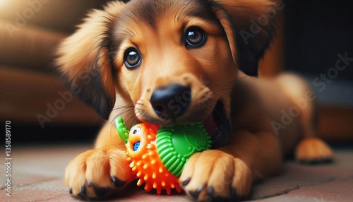 A puppy chews on a squeaky toy its eyes sparkling with mischief
