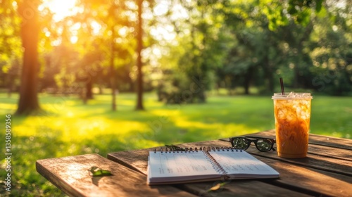 Fototapeta Naklejka Na Ścianę i Meble -  Open notebook, iced drink, sunglasses on wooden picnic table in park at sunset.