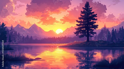 Serene Sunset over Mountain Lake