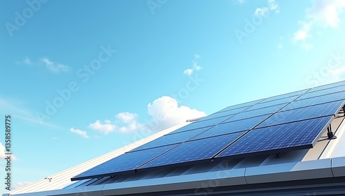 High-tech self-cleaning solar panels on a modern rooftop, using automated waterless technology to remove dust and optimize energy efficiency