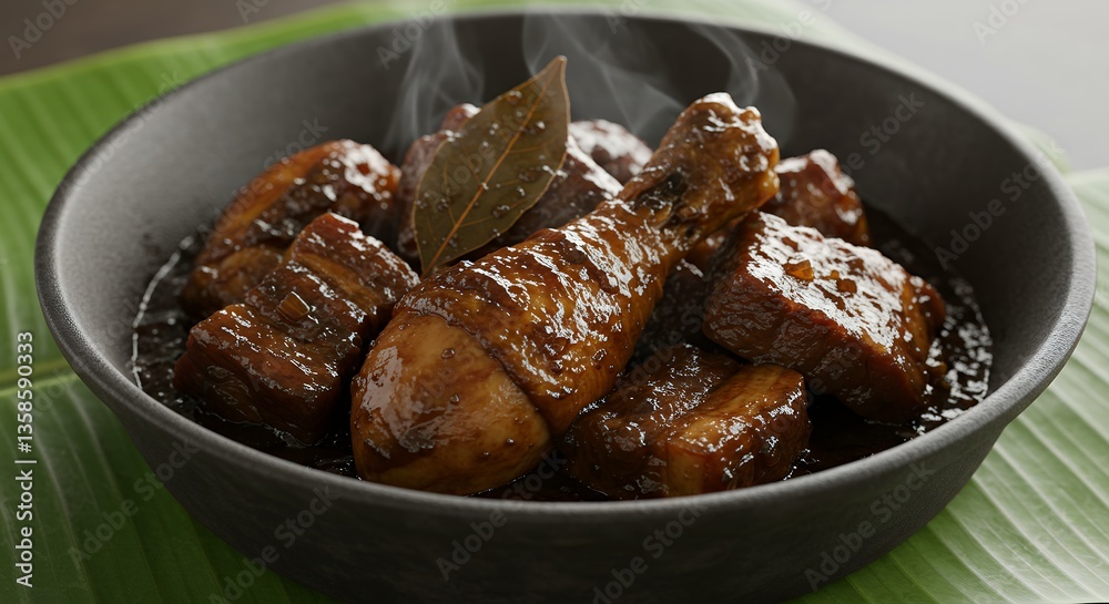 Serving Filipino Adobo with Chicken and Pork on Banana Leaf Serving Filipino Adobo with Chicken and Pork on Banana Leaf