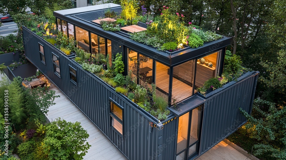 Fototapeta premium A modern container home featuring a rooftop garden with integrated plants, combining functionality and nature in an urban environment.