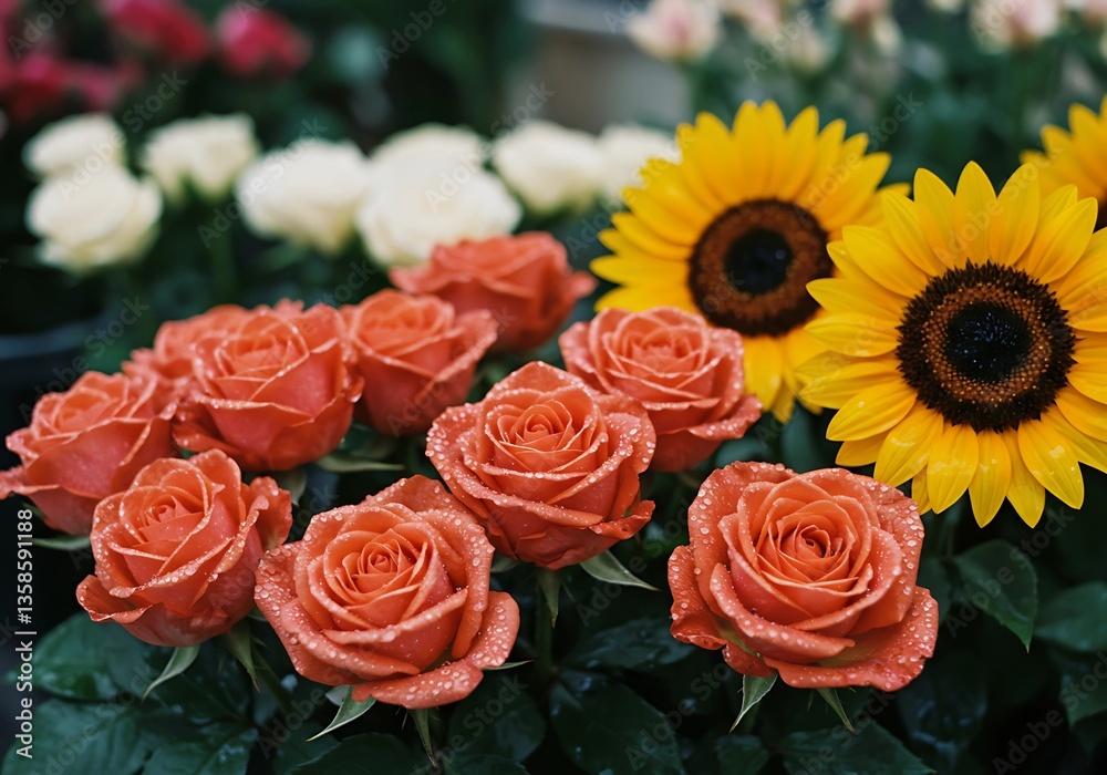 Fototapeta premium Fresh Orange Roses with Sunflowers Flower Arrangement Display at Flower Shop