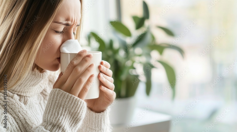 Nasal congestion with person sitting by the window with herbal tea. Featuring soothing comfort Nasal congestion with person sitting by the window with herbal tea. Featuring soothing comfort