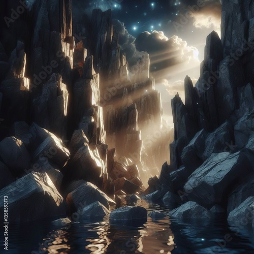 Rocky formations highlighted by flecks of light imparting rugged