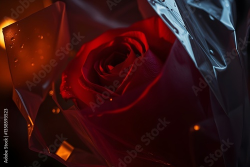 Eerie, creepy atmosphere, warm, slightly dark, soft, professional photography, soft contrast, soft saturation, dark tones, unsettling details, zoomed-in detail of a rose wrapped in cellophane, water d photo