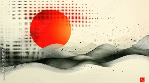 Abstract Japanese-style sunrise over mountains.  Possible use  Background image for a presentation or website