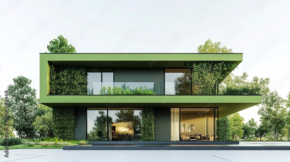 Fototapeta premium A sharp and stylish green house with contemporary design elements, smooth walls, and a flat roof, isolated on a bright white background. 