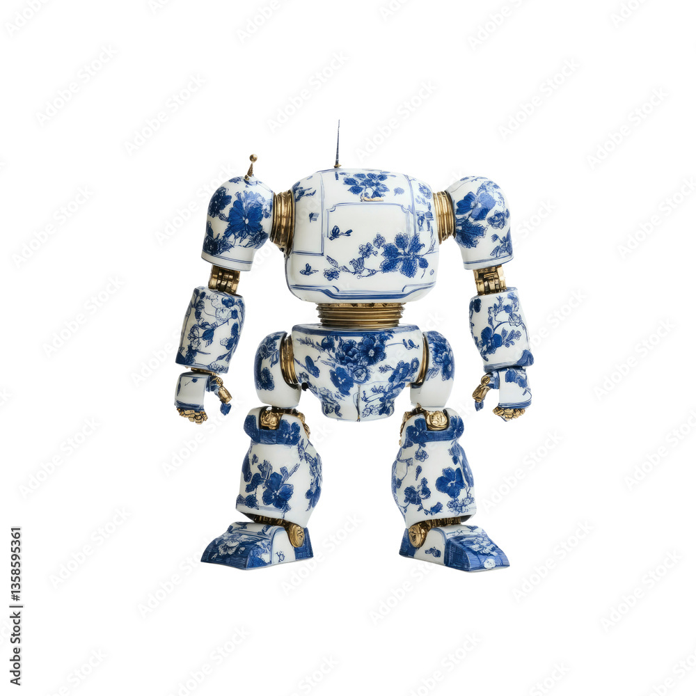 Fototapeta premium Blue and White Porcelain Robot Figurine A Fusion of Traditional Craftsmanship and Modern Technology