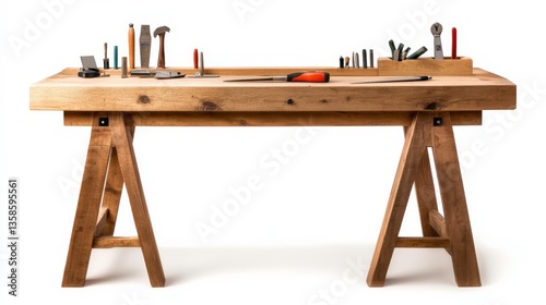 Wooden Workbench with Tools and Materials on White Background