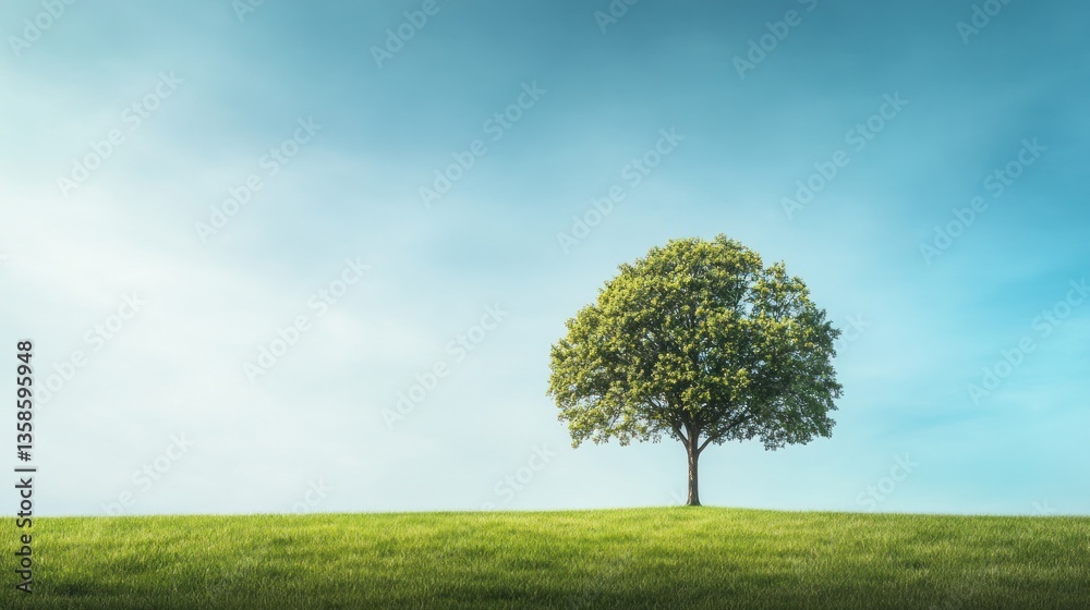 Fototapeta premium Solitary Tree on a Verdant Hill Under a Serene Sky