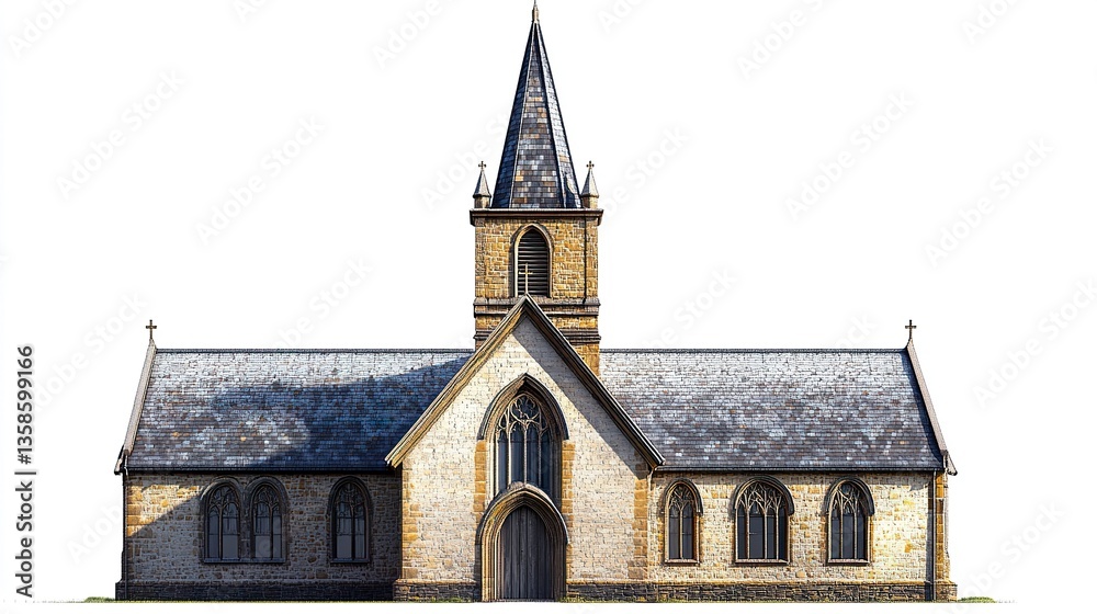 Fototapeta premium A traditional church with a steep roof, a central spire, and detailed stonework, prominently displayed on a white background for clarity. 