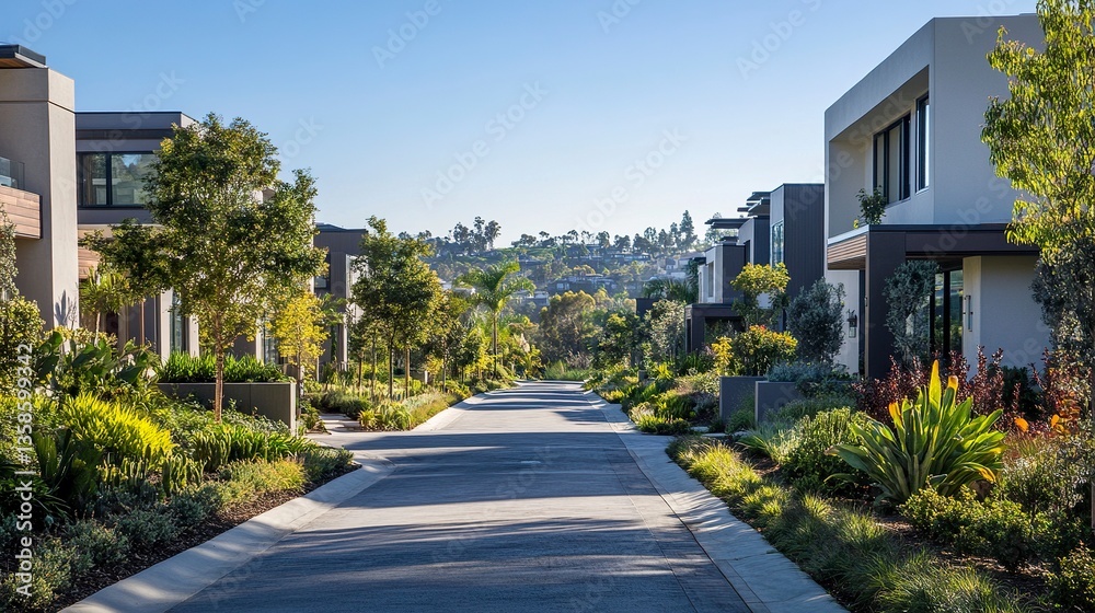 A tranquil suburban neighborhood with modern homes on either side of the street, showcasing perfectly maintained gardens and vibrant greenery under a clear, sunny sky A tranquil suburban neighborhood with modern homes on either side of the street, showcasing perfectly maintained gardens and vibrant greenery under a clear, sunny sky