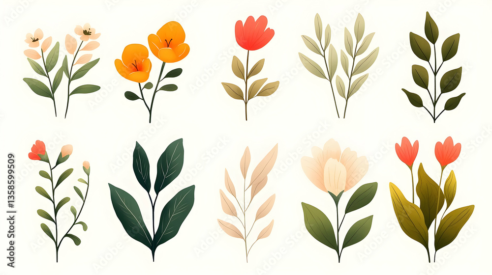 Bright and Cheerful Floral Elements with Seamless Design Bright and Cheerful Floral Elements with Seamless Design