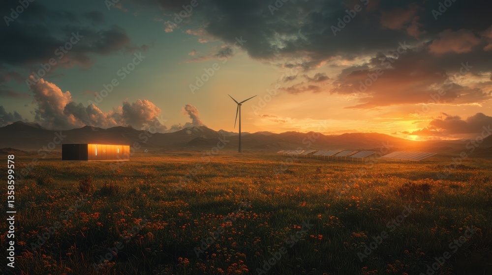 Fototapeta premium Vibrant sunset over a scenic rural landscape with a wind turbine generating renewable energy The sky is filled with dramatic clouds and the field is covered in lush vegetation