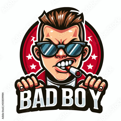 "Un emblema de logotipo 'Bad Boy' vibrante en estilo cartoon colorido, en formato clipart vectorial premium sobre fondo blanco, con un diseño audaz y elegante."