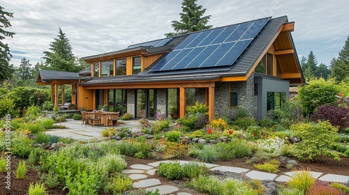 Obraz na płótnie An eco-friendly passive house showcasing a gable roof with integrated solar panels, nestled within a landscaped yard filled with greenery and natural textures. w salonie