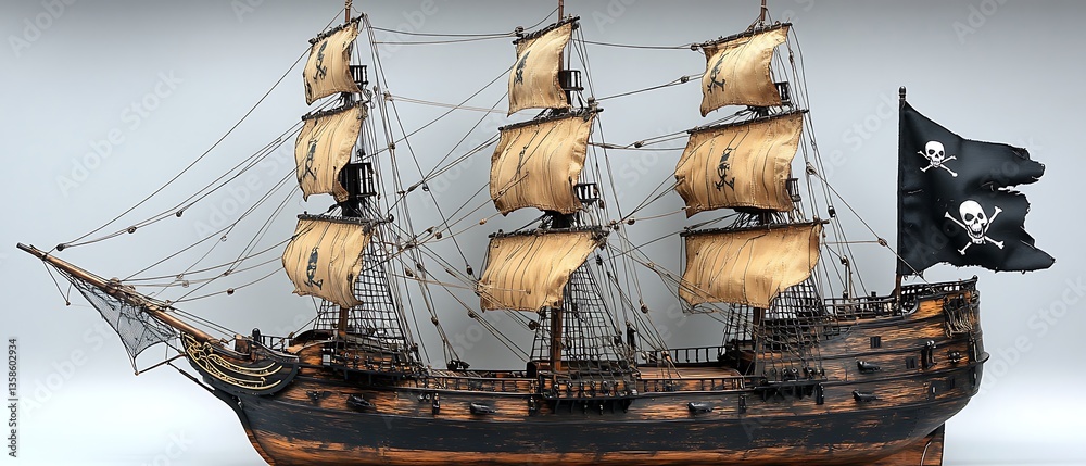 Fototapeta premium A model pirate ship with sails and a skull and crossbones flag
