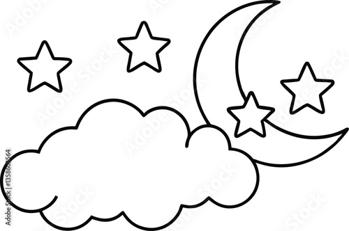 Clouds stars moon outline coloring book page, Clouds line art vector drawing illustration
