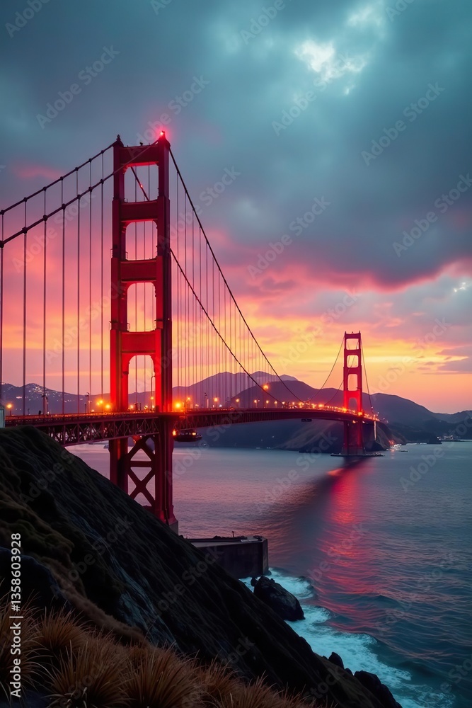 Obraz premium Golden Gate Bridge panorama with vibrant sunset light illuminating the cloudy sky, beauty, cloudy sky