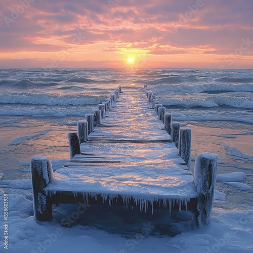 A serene winter sunrise over a snowy pier extending into calm waters.