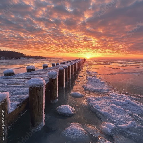 A stunning winter sunrise over a snowy pier with vibrant colors reflecting on the icy water.