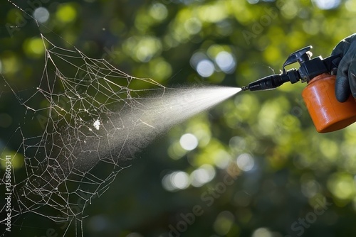 A close-up of a professional spraying insecticide on a spider web.  