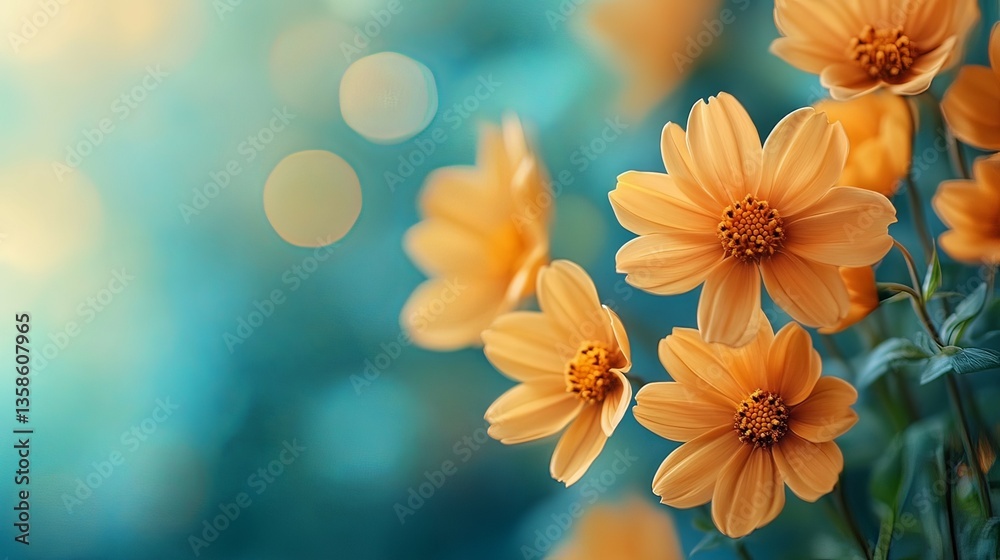 Fototapeta premium Serene Orange Cosmos Flowers in a Blurred Teal Background