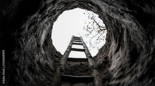 View Upward From Inside a Deep Well with a Ladder and Tree Top