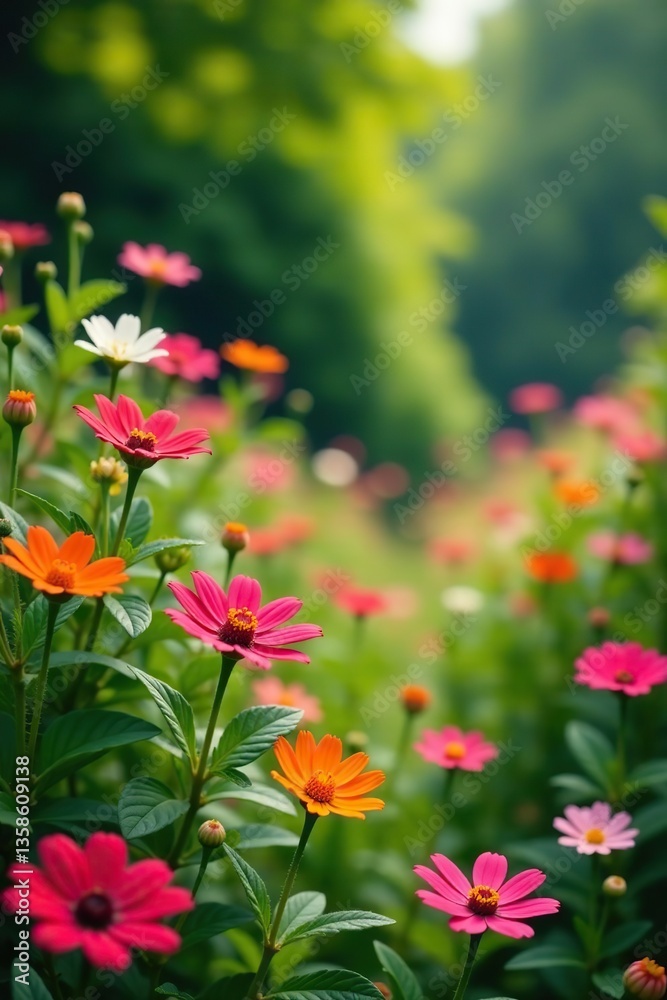 Lush garden bursting with vibrant wildflowers in bloom, fresh, landscape Lush garden bursting with vibrant wildflowers in bloom, fresh, landscape