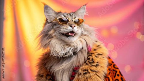 photogenic Maine Coon cat wearing stylish sunglasses and furry coat, exuding confidence and charm