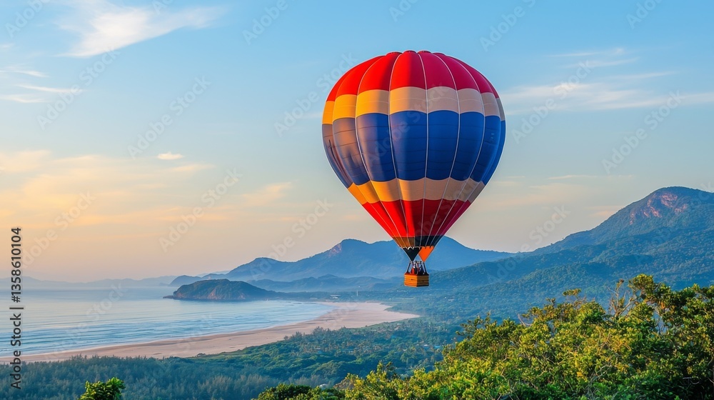 Fototapeta premium Colorful Hot Air Balloon Floating Over Scenic Mountain Landscape at Sunrise with Beautiful Ocean View