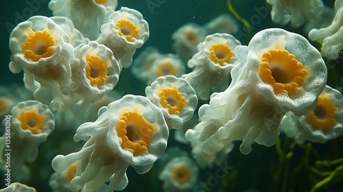 Many small white and yellow aquatic creatures swimming in the ocean