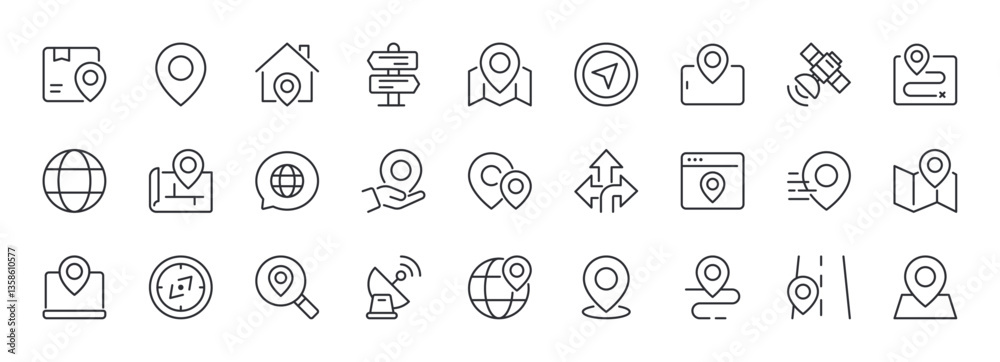 Set of Location Line Icons. Map Pin, Navigation, Compass. Editable Stroke. Pixel Perfect. Set of Location Line Icons. Map Pin, Navigation, Compass. Editable Stroke. Pixel Perfect.