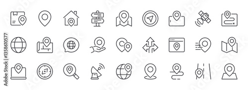 Set of Location Line Icons. Map Pin, Navigation, Compass. Editable Stroke. Pixel Perfect.
