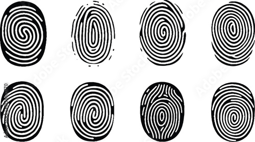 Vector set of detailed black fingerprint illustrations in various styles for security and biometric concepts. Identity concept.