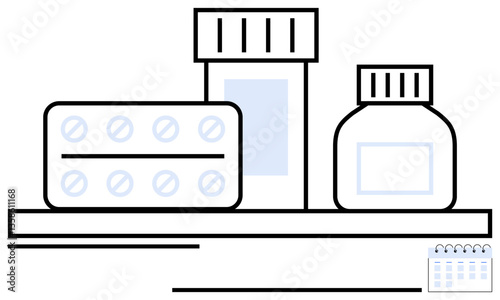 Medicine bottles, pill blister pack, and small calendar on a shelf. Ideal for health planning, medication tracking, pharmacy, self-care, time management, medical reminders flat simple metaphor
